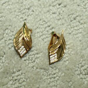 Vintage Christian Dior Germany Gold Tone Rhinestone Leaf Clip-On Earrings